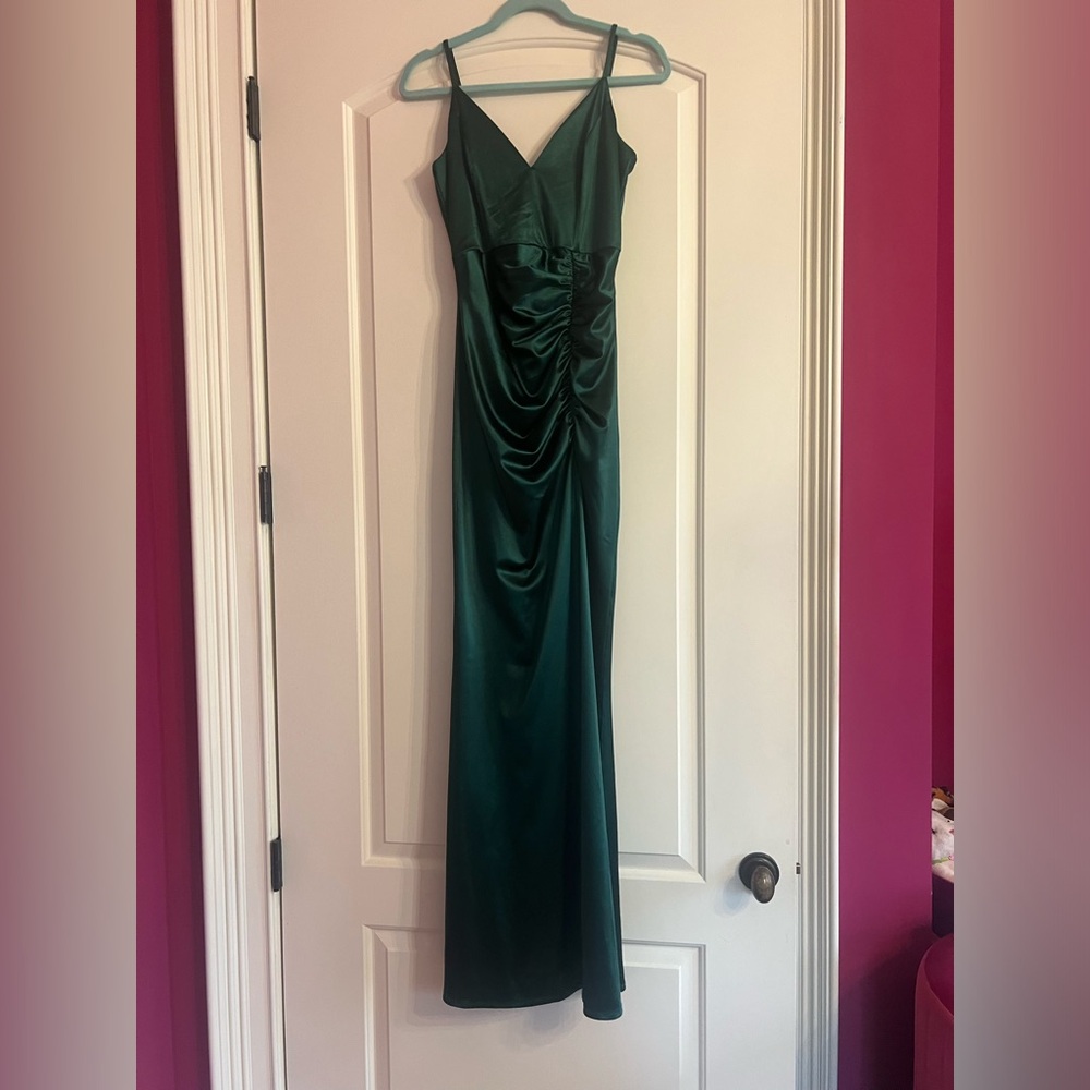 Honey & Rosie Green Evening Gown | Ruching, V Neck, Side Slit & Spaghetti Straps - Picture 5 of 11